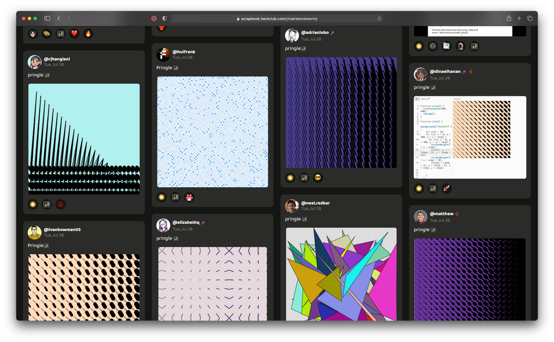 Scrapbook posts with the clairebookworm emoji. Every post contains generative art and is captioned with "pringle"